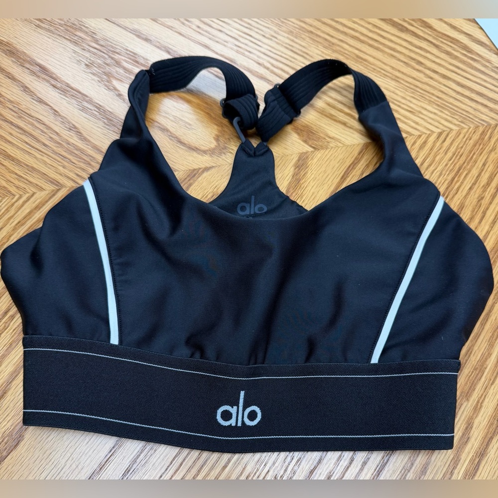 ALO Yoga Black suit up bra with White Accents